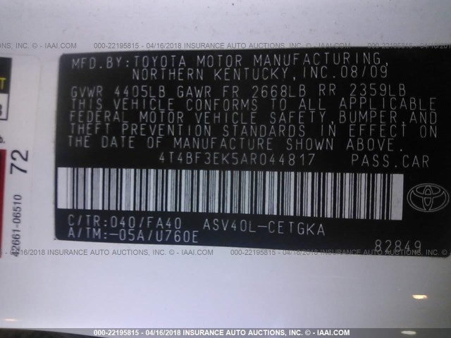 4T4BF3EK5AR044817 - 2010 TOYOTA CAMRY SE/LE/XLE Ağ foto 9