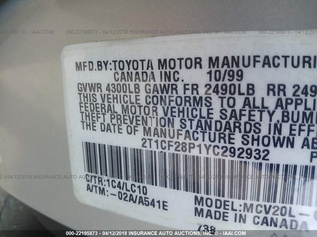 2T1CF28P1YC292932 - 2000 TOYOTA CAMRY SOLARA SE/SLE SILVER photo 9