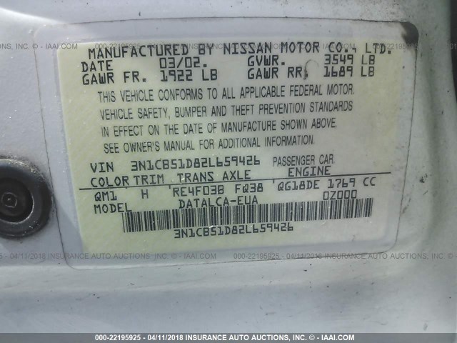 3N1CB51D82L659426 - 2002 NISSAN SENTRA XE/GXE WHITE photo 9