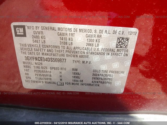 3GYFNCE34DS569877 - 2013 CADILLAC SRX LUXURY COLLECTION RED photo 9