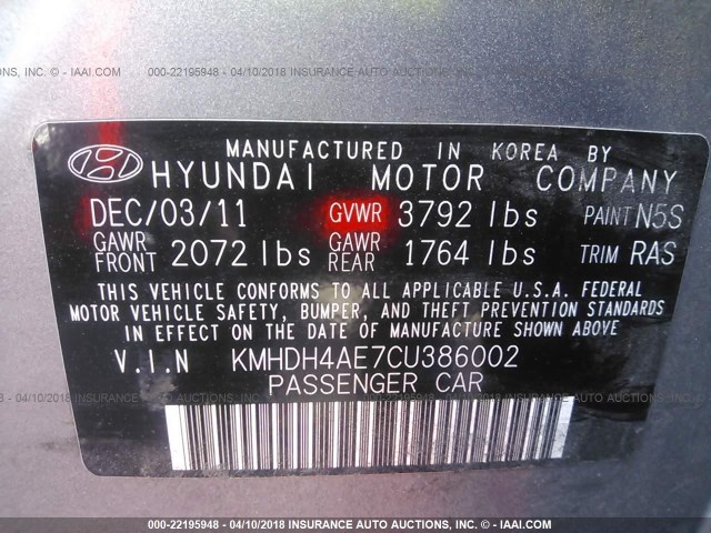 KMHDH4AE7CU386002 - 2012 HYUNDAI ELANTRA GLS/LIMITED GRAY photo 9