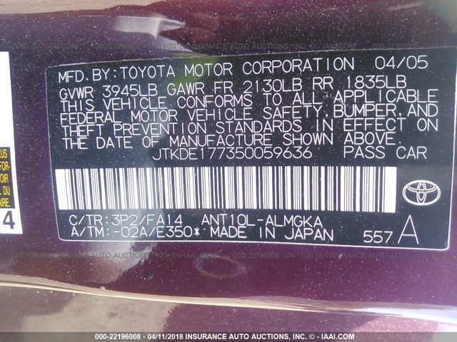 JTKDE177350059636 - 2005 TOYOTA SCION TC BURGUNDY photo 9