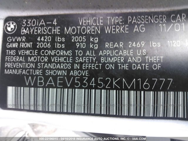 WBAEV53452KM16777 - 2002 BMW 330 I SILVER photo 9