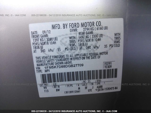 1FM5K7D88DGB27709 - 2013 FORD EXPLORER XLT SILVER photo 9