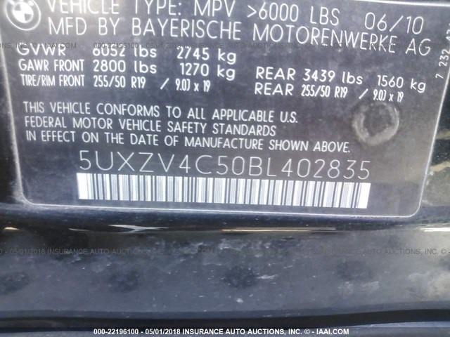 5UXZV4C50BL402835 - 2011 BMW X5 XDRIVE35I BLACK photo 9