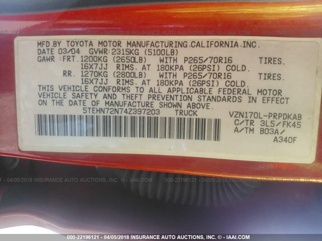 5TEHN72N74Z397203 - 2004 TOYOTA TACOMA DOUBLE CAB RED photo 9