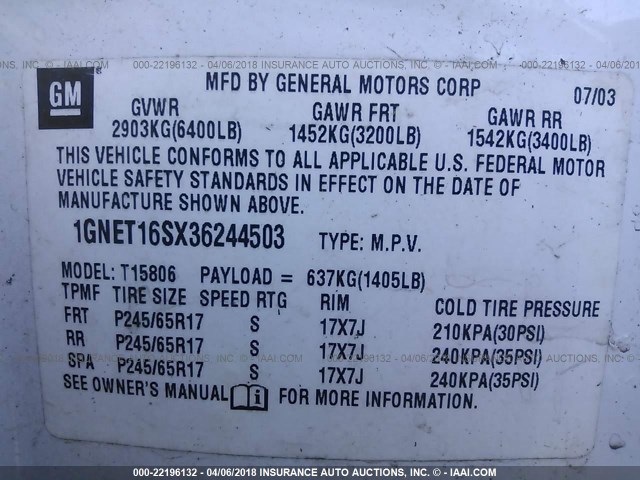 1GNET16SX36244503 - 2003 CHEVROLET TRAILBLAZER EXT WHITE photo 9