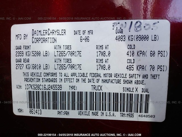 1D7KS28C16J245539 - 2006 DODGE RAM 2500 ST/SLT 红色 照片 9