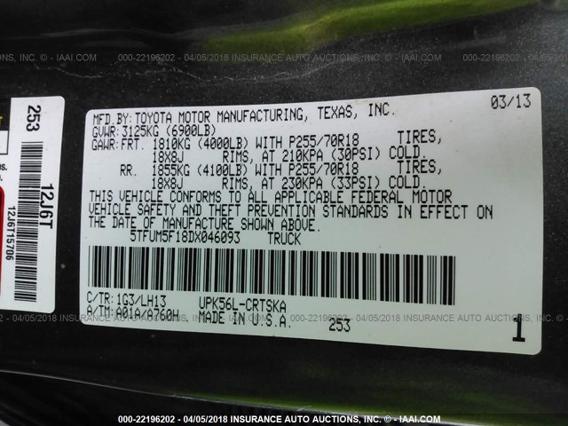 5TFUM5F18DX046093 - 2013 TOYOTA TUNDRA DOUBLE CAB SR5 GRAY photo 9