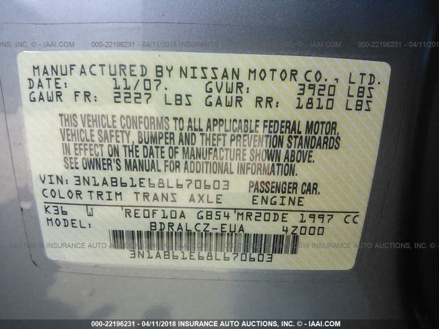 3N1AB61E68L670603 - 2008 NISSAN SENTRA 2.0/2.0S/2.0SL SILVER photo 9