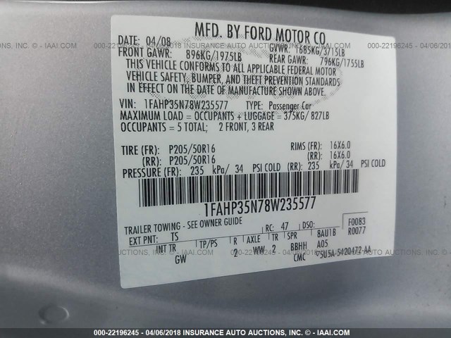 1FAHP35N78W235577 - 2008 FORD FOCUS SE/SEL/SES SILVER photo 9