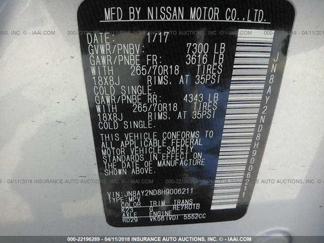 JN8AY2ND8H9006211 - 2017 NISSAN ARMADA SV/SL/PLATINUM SILVER photo 9