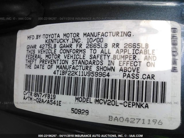 4T1BF22K11U959964 - 2001 TOYOTA CAMRY LE/XLE ლურჯი ფოტო 9