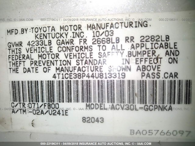 4T1CE38P44U813319 - 2004 TOYOTA CAMRY SOLARA SE/SLE თეთრი ფოტო 9