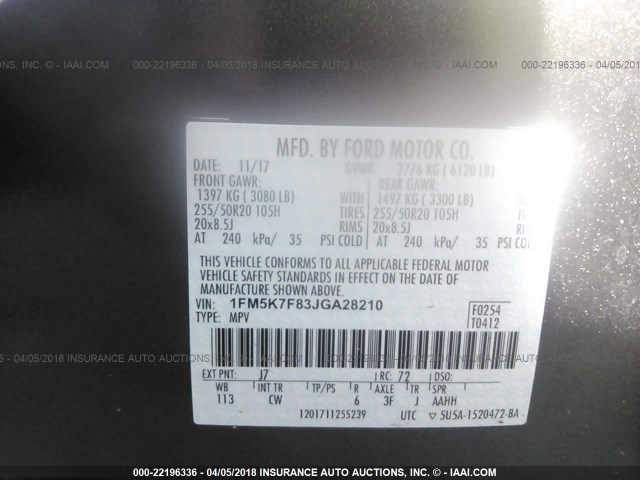 1FM5K7F83JGA28210 - 2018 FORD EXPLORER LIMITED Grau Foto 9