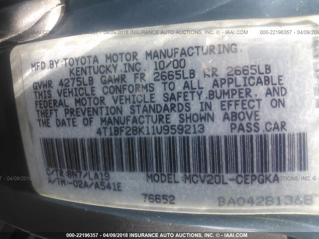 4T1BF28K11U959213 - 2001 TOYOTA CAMRY LE/XLE TURQUOISE photo 9