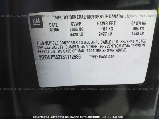 2G2WP552261112586 - 2006 PONTIAC GRAND PRIX BLACK photo 9