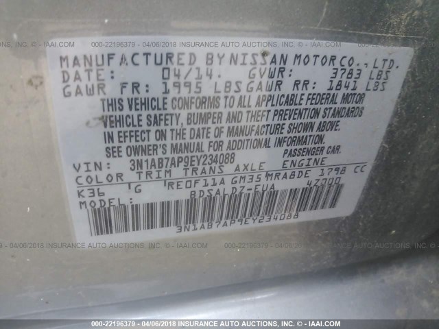 3N1AB7AP9EY234088 - 2014 NISSAN SENTRA S/SV/SR/SL GRAY photo 9