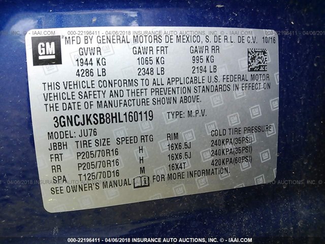 3GNCJKSB8HL160119 - 2017 CHEVROLET TRAX LS BLUE photo 9