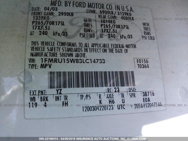 1FMRU15W83LC14733 - 2003 FORD EXPEDITION XLT WHITE photo 9
