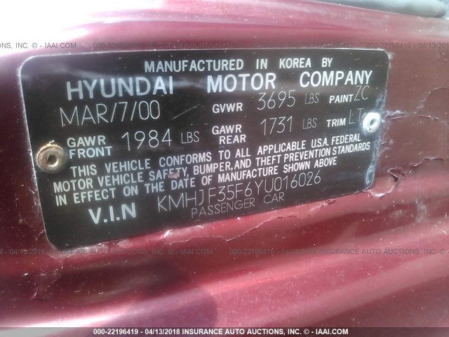 KMHJF35F6YU016026 - 2000 HYUNDAI ELANTRA GLS BURGUNDY photo 9