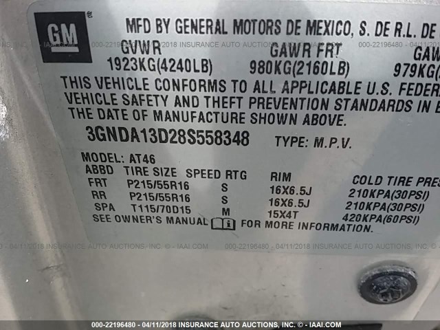 3GNDA13D28S558348 - 2008 CHEVROLET HHR LS SILVER photo 9