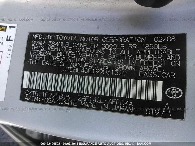 JTDBL40E199031320 - 2009 TOYOTA COROLLA LE/XLE SILVER photo 9