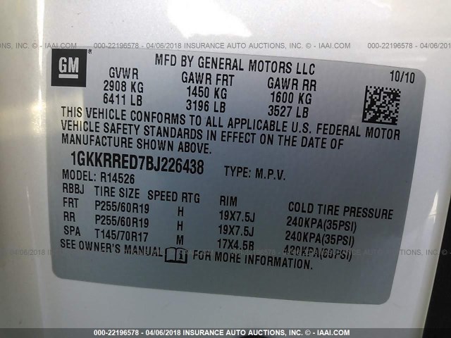 1GKKRRED7BJ226438 - 2011 GMC ACADIA SLT-1 Blanco foto 9