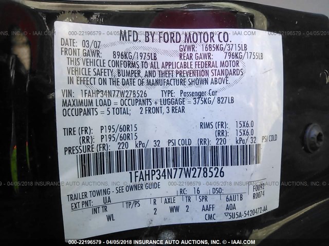 1FAHP34N77W278526 - 2007 FORD FOCUS ZX4/S/SE/SES 黑色 照片 9