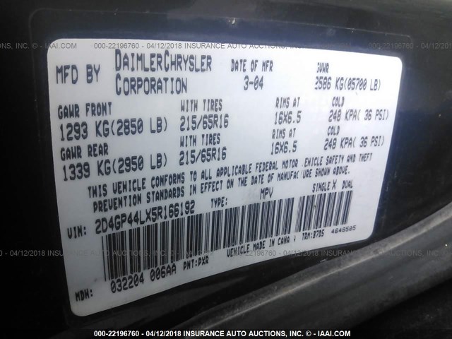 2D4GP44LX5R166192 - 2005 DODGE GRAND CARAVAN SXT BLACK photo 9