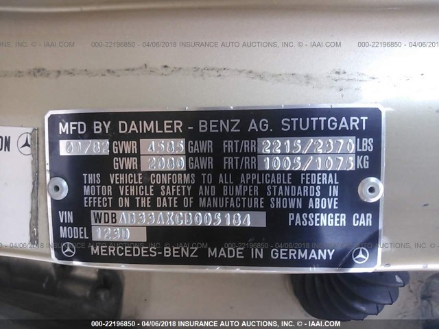 WDBAB33AXCB005184 - 1982 MERCEDES-BENZ 300 DT GOLD photo 9