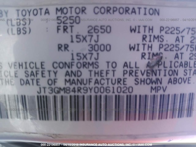 JT3GM84R9Y0061020 - 2000 TOYOTA 4RUNNER SILVER photo 9