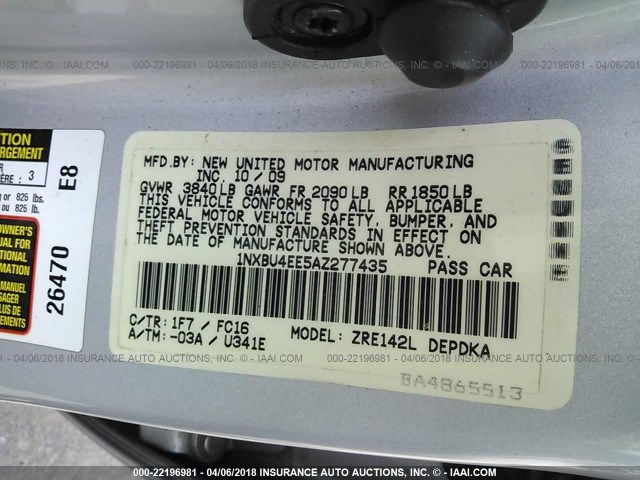 1NXBU4EE5AZ277435 - 2010 TOYOTA COROLLA S/LE/XLE SILVER photo 9