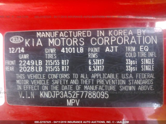 KNDJP3A52F7788095 - 2015 KIA SOUL + RED photo 9