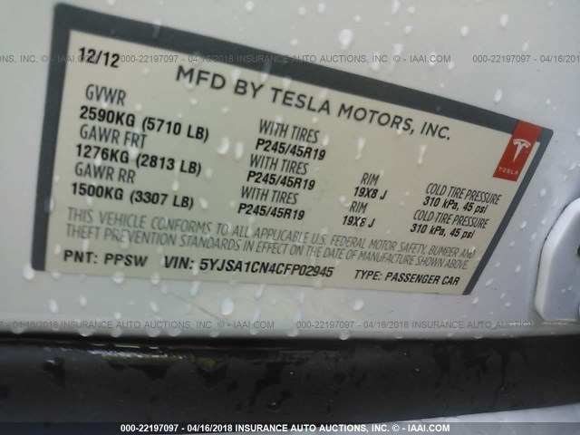 5YJSA1CN4CFP02945 - 2012 TESLA MODEL S WHITE photo 9