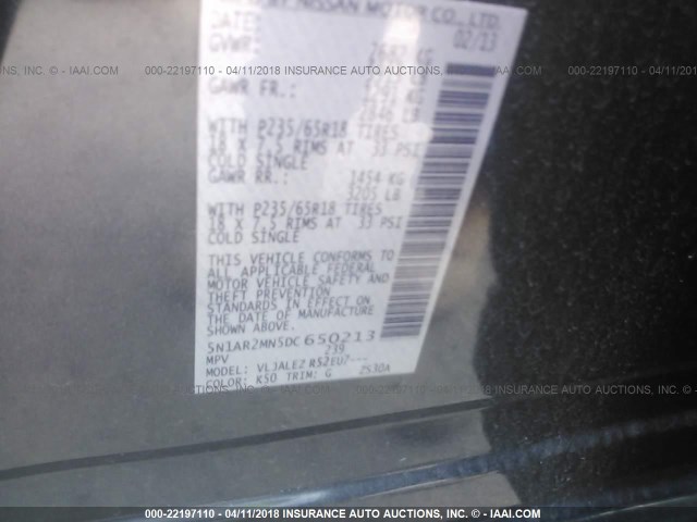 5N1AR2MN5DC650213 - 2013 NISSAN PATHFINDER S/SV/SL/PLATINUM 灰色 照片 9