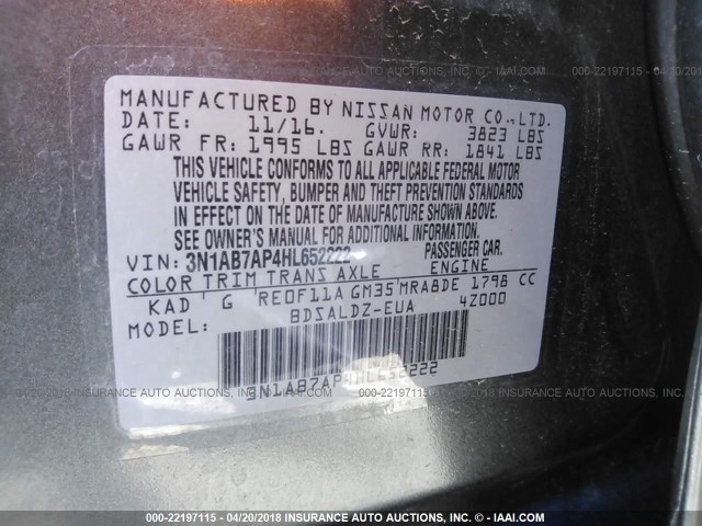 3N1AB7AP4HL652222 - 2017 NISSAN SENTRA S/SV/SR/SL GRAY photo 9