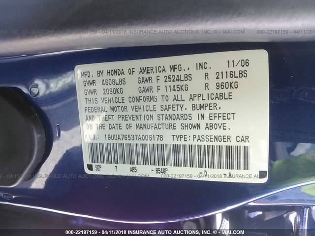 19UUA76537A006178 - 2007 ACURA TL TYPE S BLUE photo 9