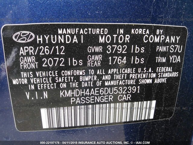 KMHDH4AE6DU532391 - 2013 HYUNDAI ELANTRA GLS/LIMITED BLUE photo 9