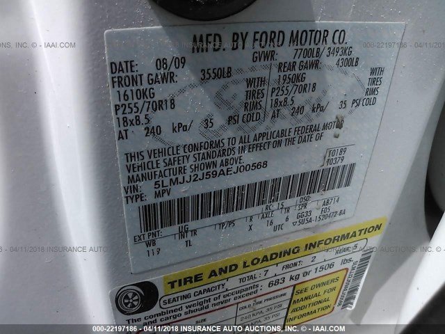 5LMJJ2J59AEJ00568 - 2010 LINCOLN NAVIGATOR 白色 照片 9