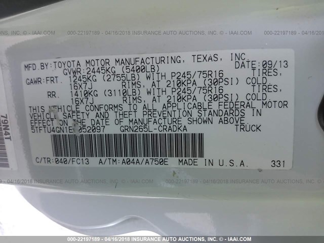 5TFTU4GN1EX052097 - 2014 TOYOTA TACOMA PRERUNNER ACCESS CAB WHITE photo 9