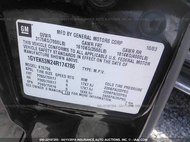 1GYEK63N24R174786 - 2004 CADILLAC ESCALADE LUXURY შავი ფოტო 9