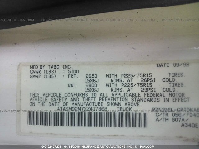 4TASM92N7XZ417868 - 1999 TOYOTA TACOMA XTRACAB PRERUNNER თეთრი ფოტო 9