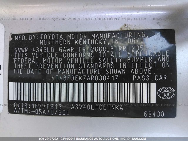 4T4BF3EK7AR030417 - 2010 TOYOTA CAMRY SE/LE/XLE 银色 照片 9