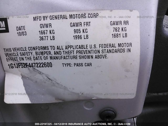 1G1JF52F447222600 - 2004 CHEVROLET CAVALIER LS SILVER photo 9