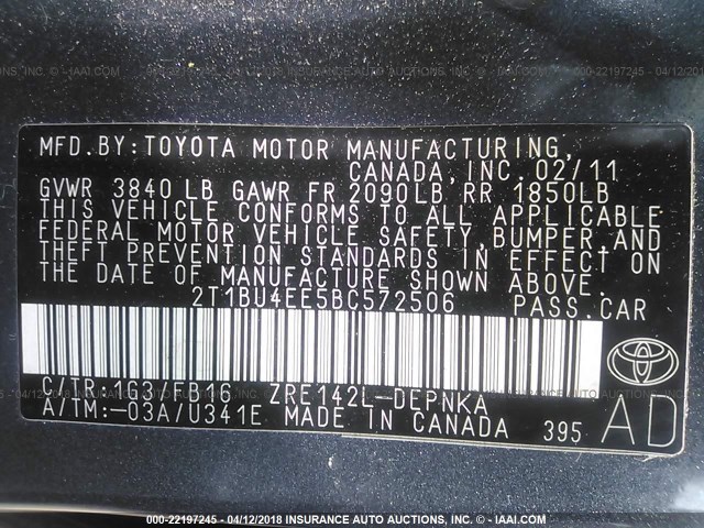 2T1BU4EE5BC572506 - 2011 TOYOTA COROLLA S/LE GRAY photo 9