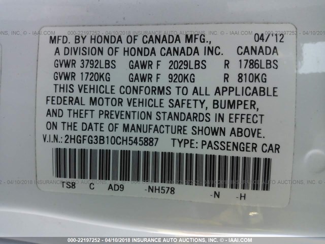 2HGFG3B10CH545887 - 2012 HONDA CIVIC EXL WHITE photo 9