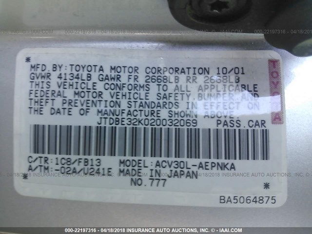 JTDBE32K020032069 - 2002 TOYOTA CAMRY LE/XLE/SE SILVER photo 9