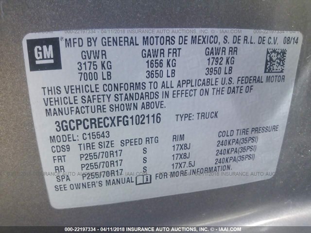 3GCPCRECXFG102116 - 2015 CHEVROLET SILVERADO C1500 LT GRAY photo 9