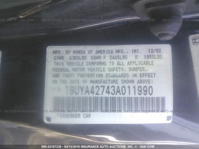 19UYA42743A011990 - 2003 ACURA 3.2CL TYPE-S BLACK photo 9